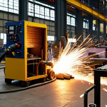 **Image Prompt:** A busy industrial factory floor scene. In the foreground, a CO2 welding station with a worker rapidly welding metal furniture frames. Sparks are flying, and finished pieces are stacked nearby, showing speed and efficiency.