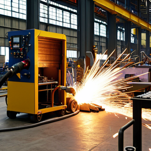 Home 4 **Image Prompt:** A busy industrial factory floor scene. In the foreground, a CO2 welding station with a worker rapidly welding metal furniture frames. Sparks are flying, and finished pieces are stacked nearby, showing speed and efficiency.