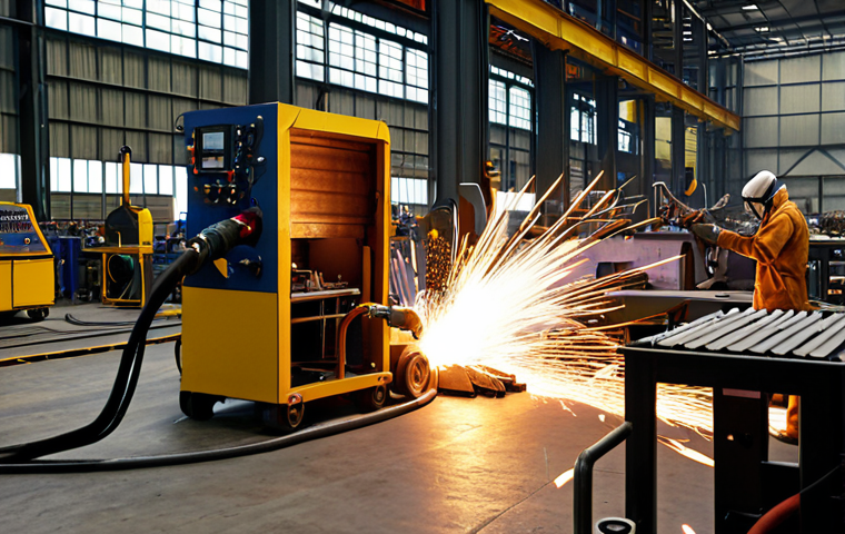 **Image Prompt:** A busy industrial factory floor scene. In the foreground, a CO2 welding station with a worker rapidly welding metal furniture frames. Sparks are flying, and finished pieces are stacked nearby, showing speed and efficiency.
